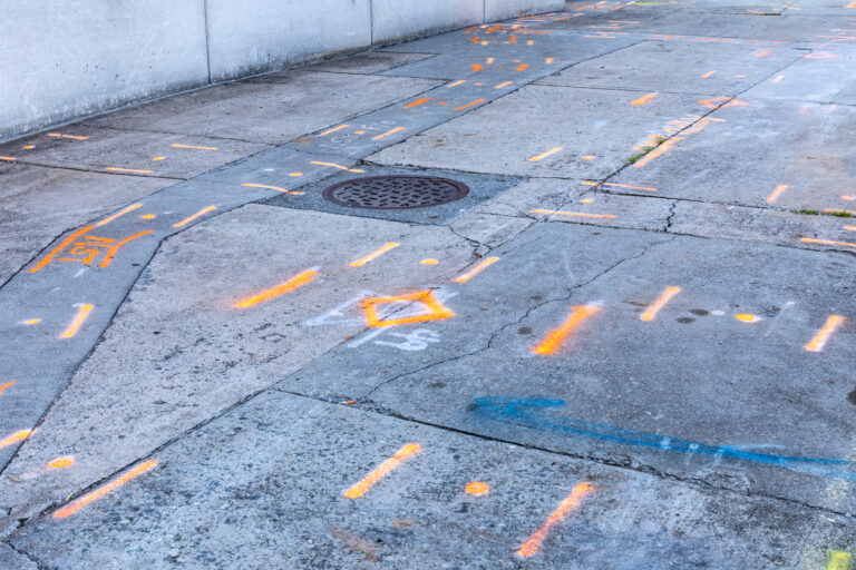 Heavily weathered sidewalk with spray painted indicators of buried utility feature